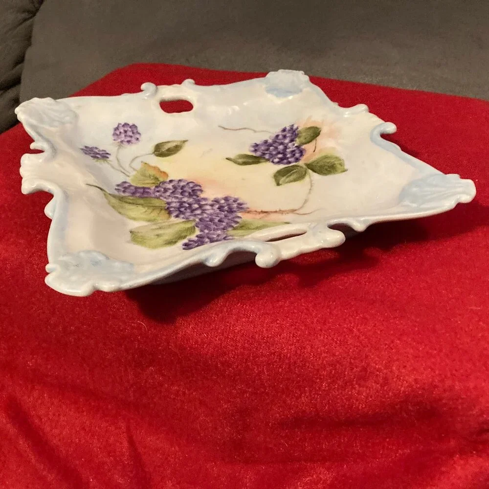 VTG 1977 Handpainted Square China Plate w/Handles-Signed-Purple Florals-8